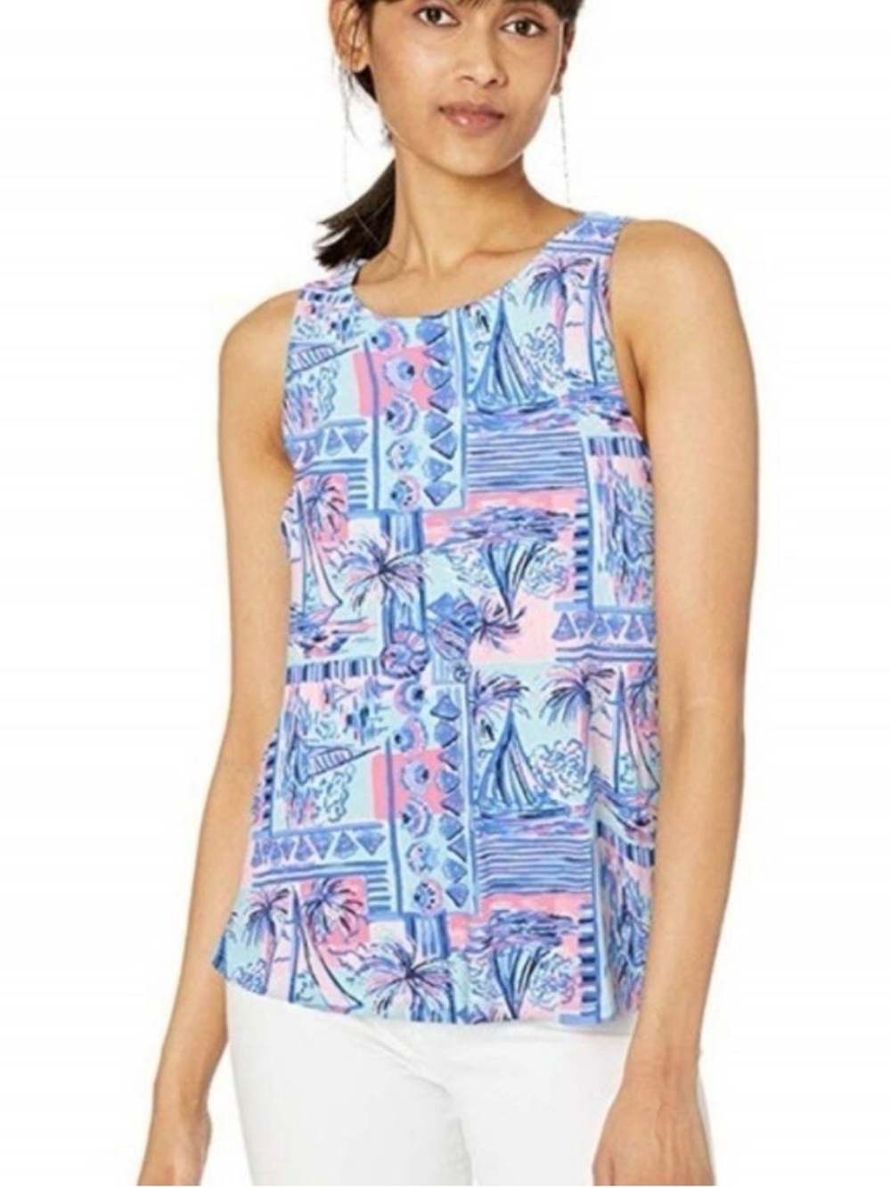 Lilly Pulitzer Dania Tank XL In the Bight Pink Blue Coastal Sailboat Print